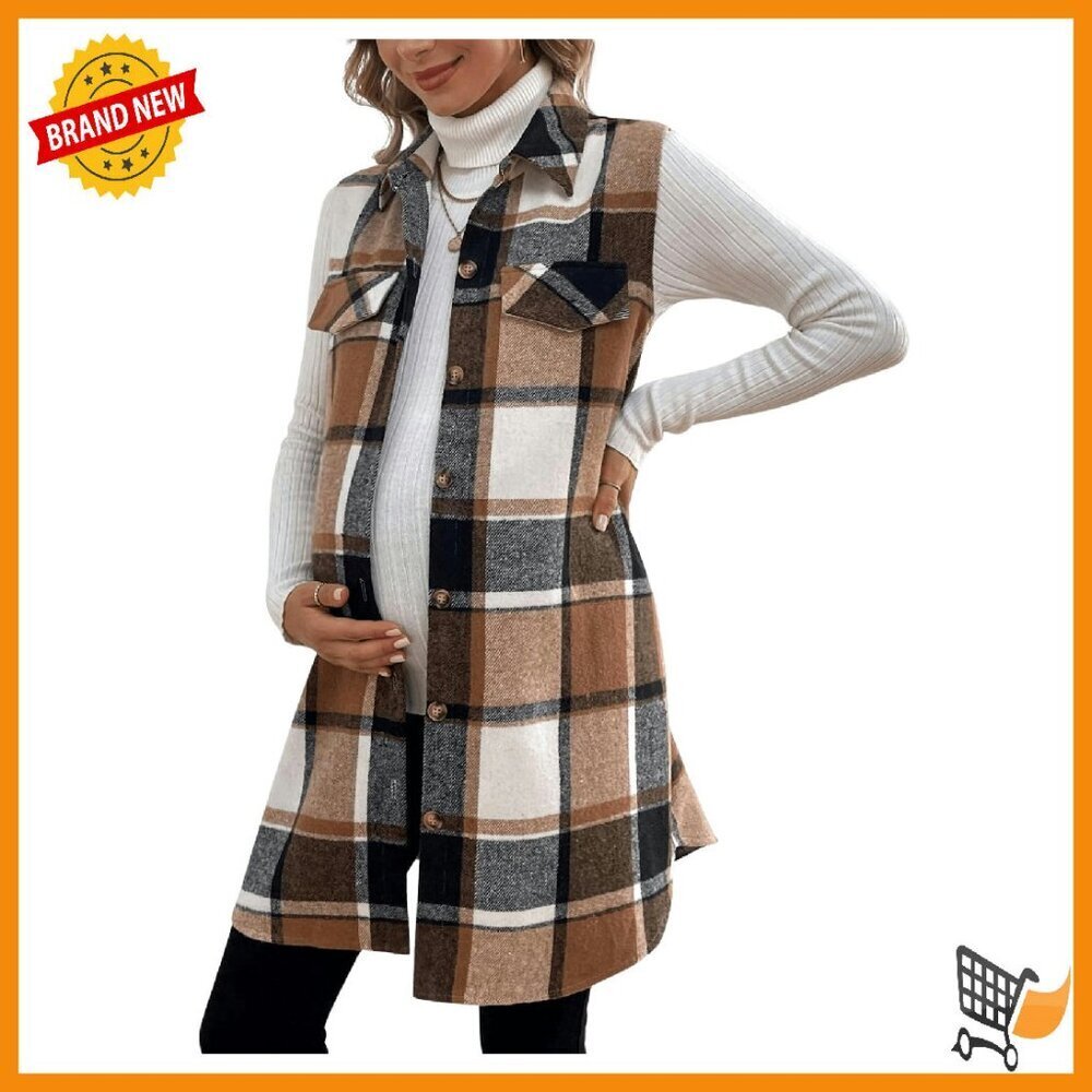 Maternity Vest Coat Plaid Collared Button Down Sleeveless Mid-Length